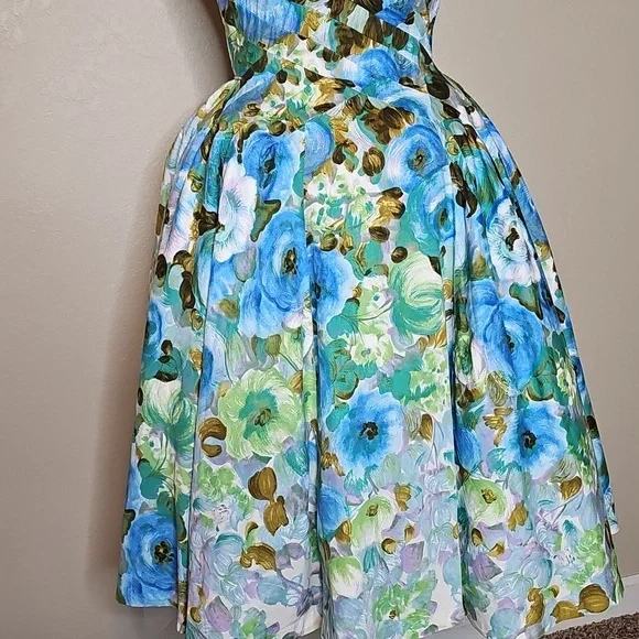 True Vintage Alix Of Miami 1950s Fit And Flare Floral Dress Blue, Green Cupcake - Picture 5 of 17
